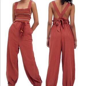Free People NWT Sienna Smocked Jumpsuit Sumac Size XL Elastic Waist Rope Belt